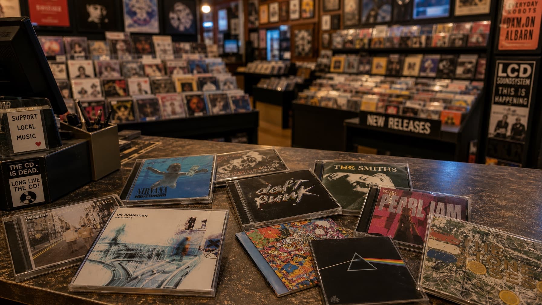 A record-store counter with classic CDs laid out and a 'Long live the CD' sign
