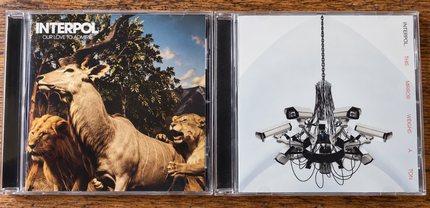 Two Interpol CDs side by side on a wooden table: Our Love to Admire and This Mirror Weighs a Ton