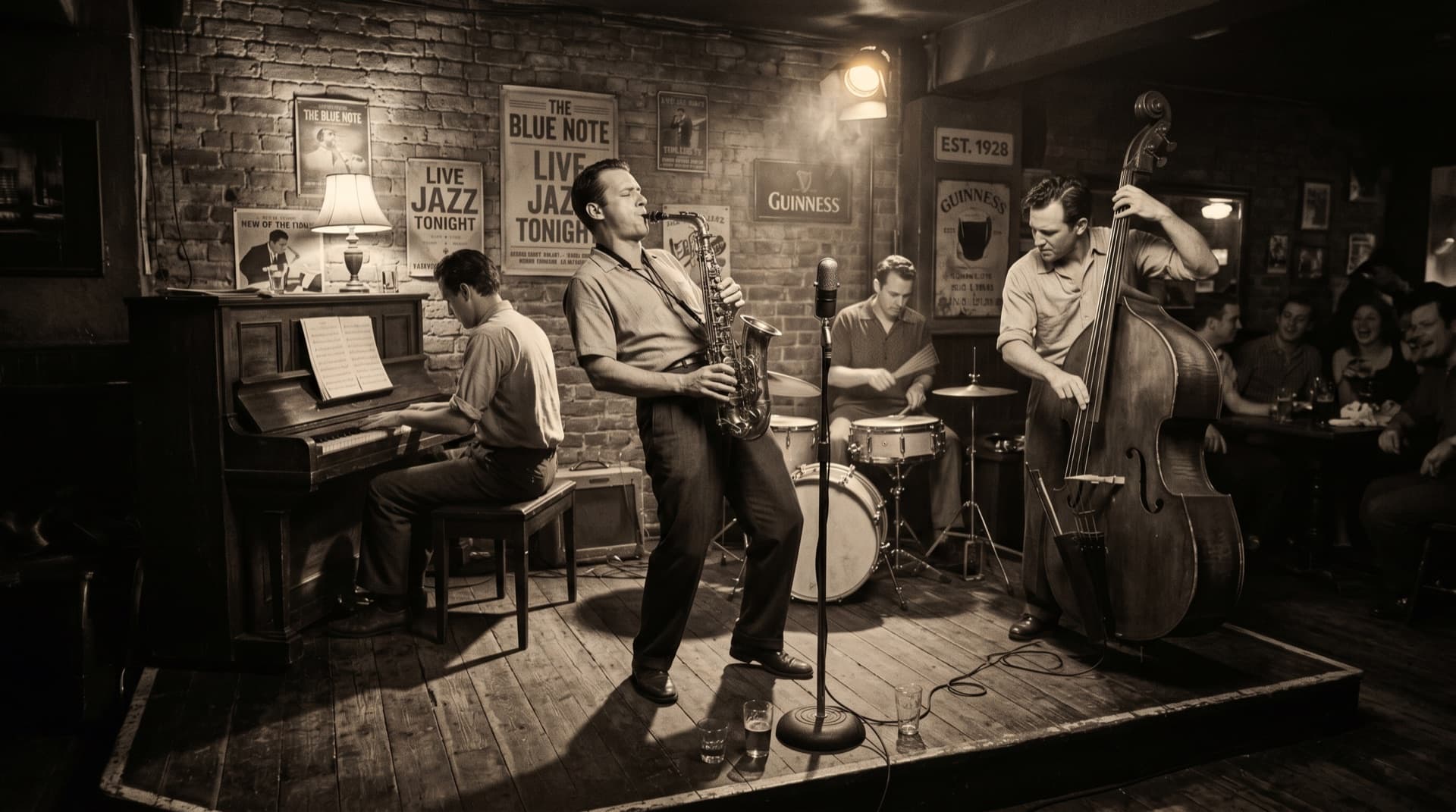 A jazz quartet playing a dim brick-walled club beneath a Live Jazz Tonight poster