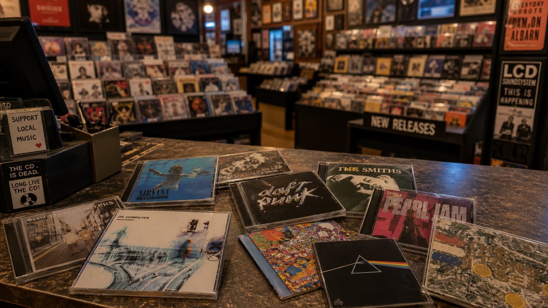 CDs spread across a record store counter, with racks of CDs and a New Releases sign behind