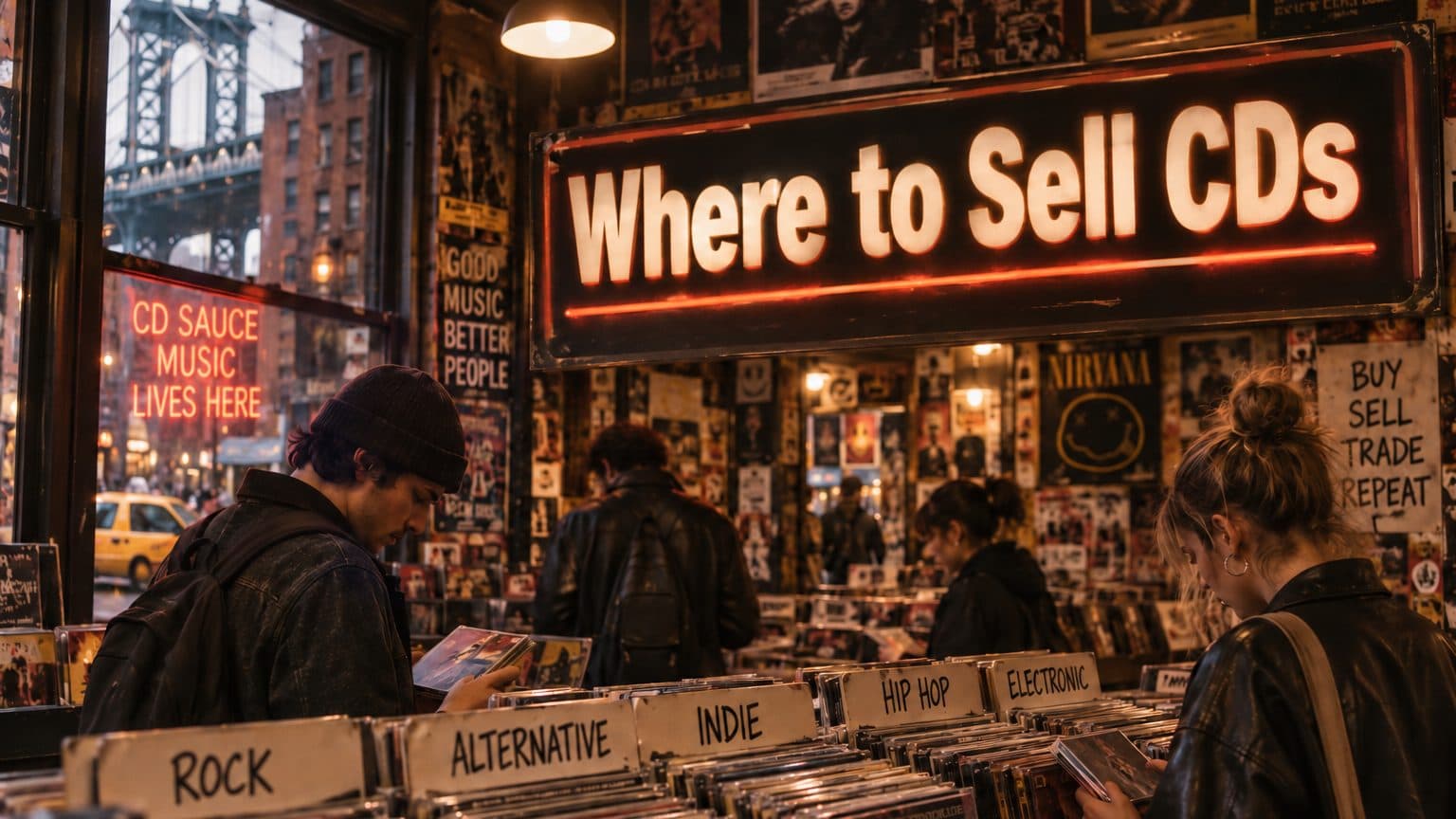 Shoppers flipping through CD racks in a record store under a lit sign reading Where to Sell CDs, with a CD Sauce neon in the window