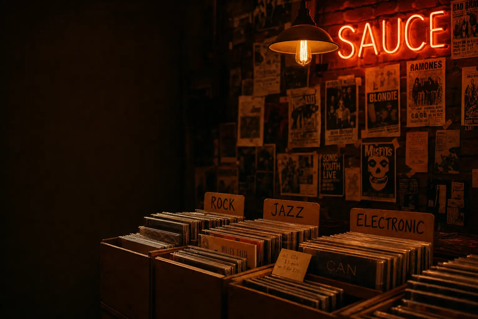 Inside CD Sauce — a warm, neon-lit crate room.