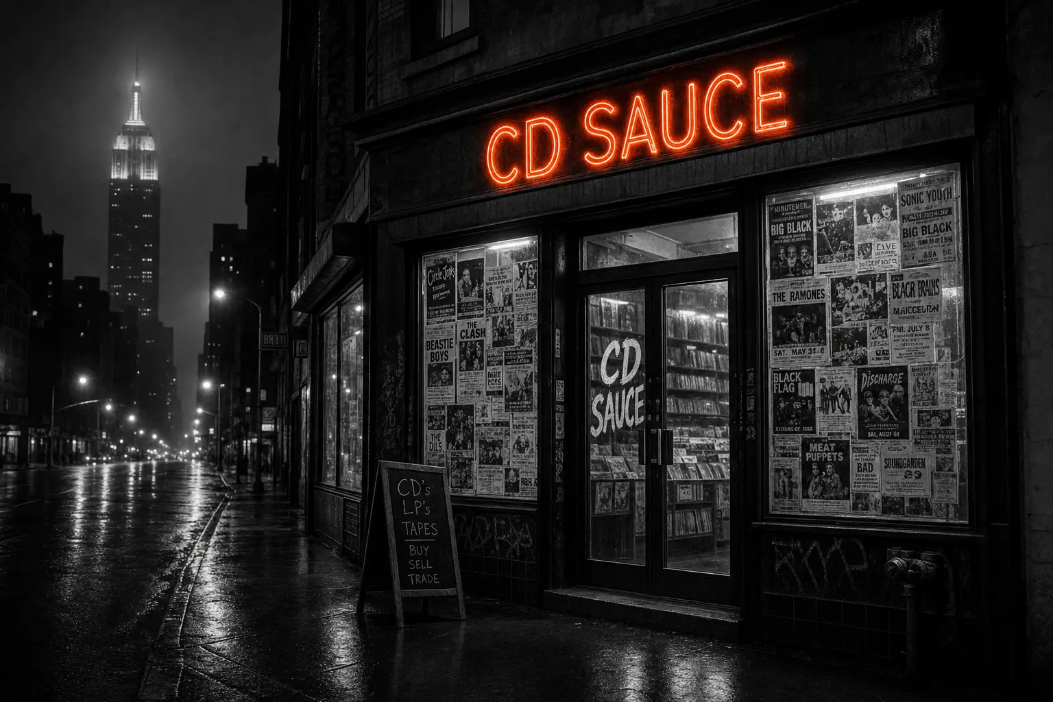 The CD Sauce storefront — a neon-lit used record store at night.